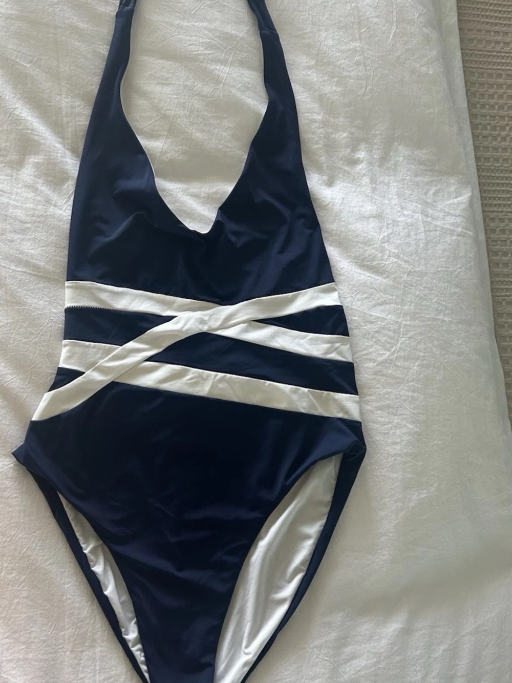 One Piece Blue and White Halter Swimsuit M worn once Beverly Beach by Dorit